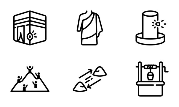 Islamic Pilgrimage Icons: Kaaba, Ihram, Jamarat, Safa Marwa, Zamzam Well, Hajj Symbols
