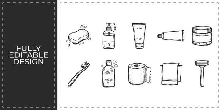 Personal hygiene and toiletries icons set featuring soap toothbrush shampoo and cream for bathroom accessories and healthcare retail promotion graphics