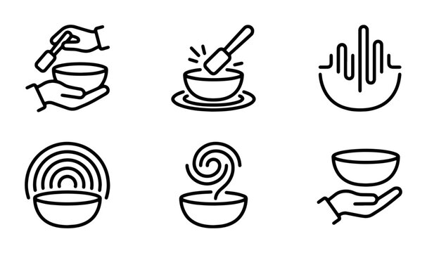 Tibetan Singing Bowl Icons, Meditation Sound Therapy Symbols, Wellness Ritual Vector Set, Zen Harmony Graphics