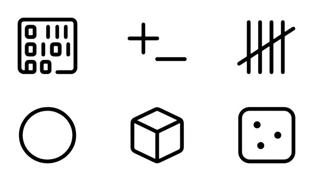Minimalist Icons: Binary Code, Math Symbols, Tally Marks, Circle, Cube, Dice, Simple Geometric Shapes, Vector Graphics