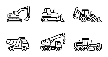 Heavy Construction Equipment Icons Set: Excavator, Bulldozer, Backhoe, Dump Truck, Crane, Grader Line Art © Rubel
