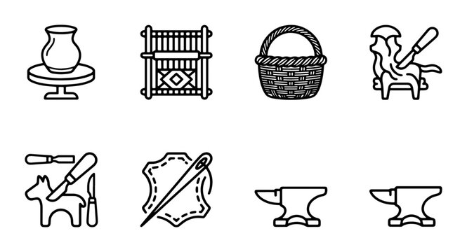 Craftsmanship Icons: Pottery, Weaving, Basketry, Woodworking, Leatherwork, Blacksmithing, 8 Vector Elements
