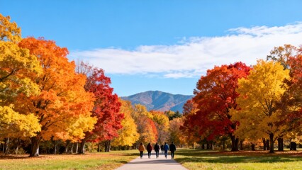 Obraz premium People walking on path with colorful autumn trees