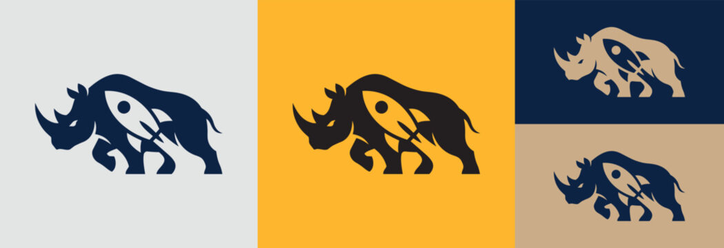 Rhino with rocket logo silhouette design, strong powerful animal.