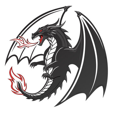 Fierce black dragon spitting fire graphic illustration with creature mythology isolated mythical aggressive