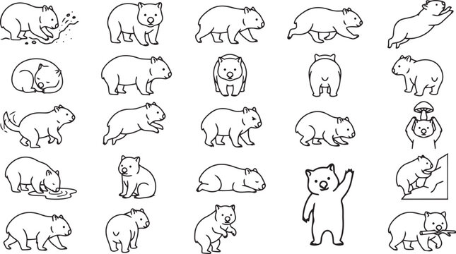 Wombat Line Art Pose Set &ndash; Forest Burrow Animal Outline Vector