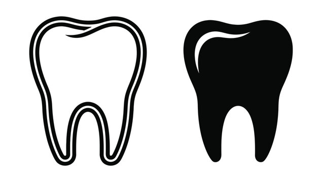 Clean Tooth Icon Set: Outline and Solid Black Silhouettes Representing Dental Health