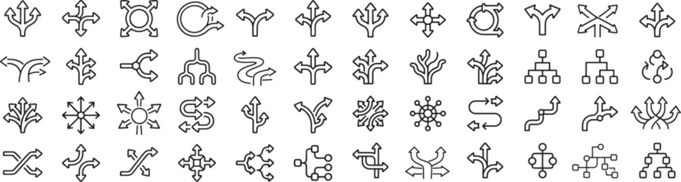 Set of line icons representing various path, direction, and flow chart symbols
