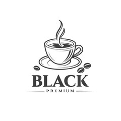 Black premium coffee cup emblem or logo design with steaming hot drink and roasted beans beverage caffeine breakfast