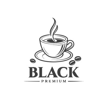 Black premium coffee cup emblem or logo design with steaming hot drink and roasted beans beverage caffeine breakfast
