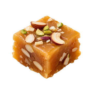 Delicious golden pakistani sweet mysore pak topped with crunchy almonds and pistachios on white background