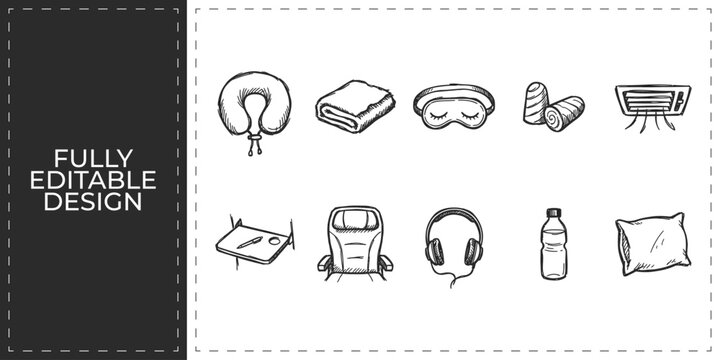 Travel gear and electronics icons featuring backpack camera headset and luggage for adventure tourism and global travel planning agency services design