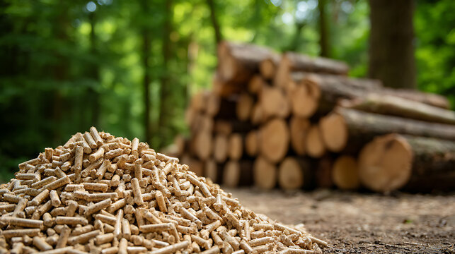 Natural Wood Pellets Pile with Stacked Logs in Blur Background Amidst Forest Greenery, Sustainable Energy and Renewable Resources Concept