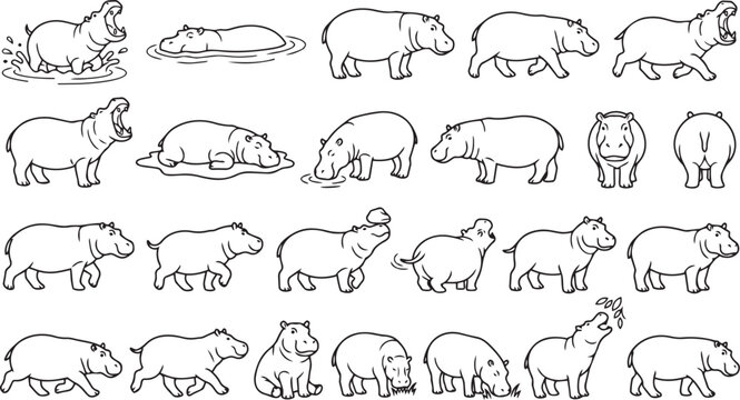 Hippo Line Art Pose Set &ndash; River Wildlife Outline Vector Collection