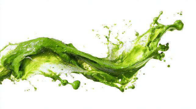 Liquid green splash frozen in motion, isolated on a white background, modern art style, sharp details.
