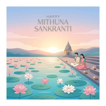 Couple celebrating peaceful mithuna sankranti by lotus pond with golden temple sunrise