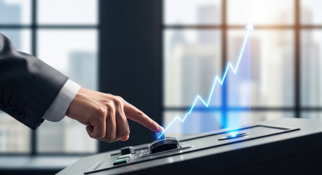 Businessman's hand operating control panel with glowing upward growth graph in modern office setting
