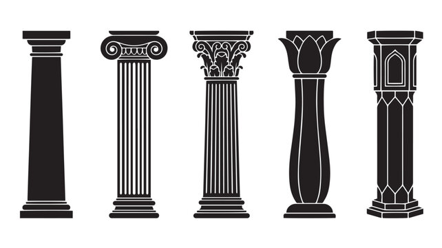 Set of five classic architectural columns in silhouette, representing different historical styles