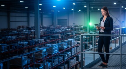 Fototapeta premium Warehouse Manager Analyzing Logistics Data on Tablet from Elevated Catwalk in Modern Automated Facility