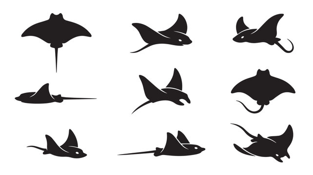 Dynamic silhouettes of elegant manta rays and stingrays, a versatile vector collection illustrating graceful ocean movements, perfect for aquatic-themed graphic designs