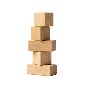 Five natural wooden building blocks stacked in a playful tower on a white background, sharp wood grain textures, gentle shadows, concept of childhood development