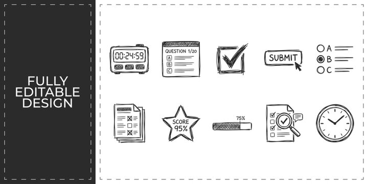 Online exam and test results icons featuring checklist and academic scores for digital education platforms and student performance evaluation services concept