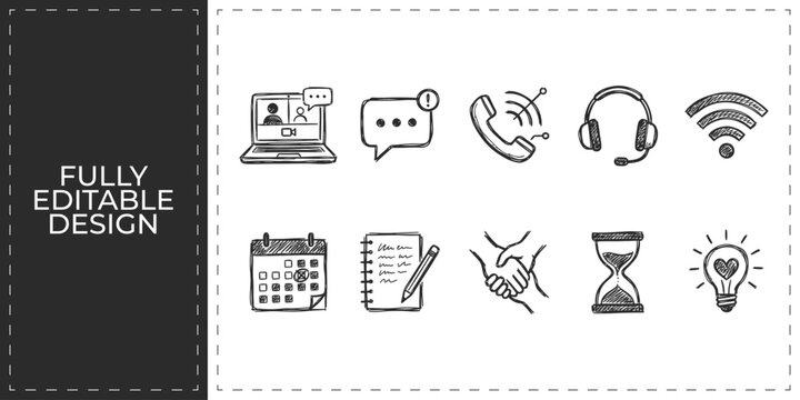 Remote work and video conference icons featuring laptop headset and home office symbols for professional business communication and digital nomads design