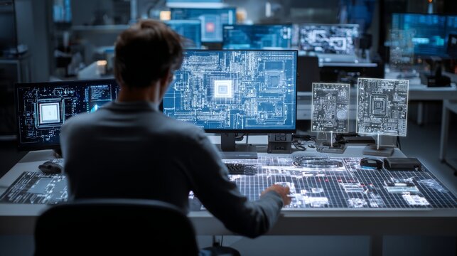 IC design engineer working on next-generation AI processor, holographic chip schematics floating above workstation