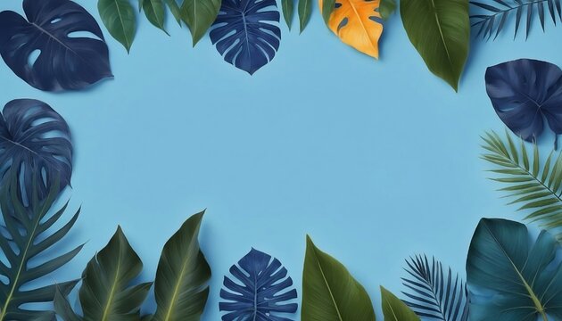 Collection of tropical leaves,foliage plant in blue color with space background  created with generative ai