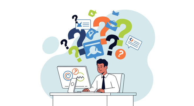 Man with question marks above.