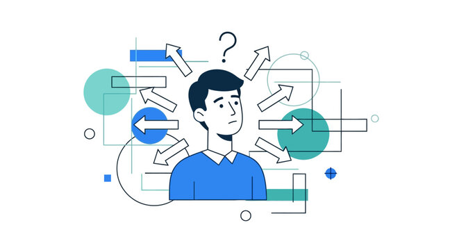 Man with question marks around.