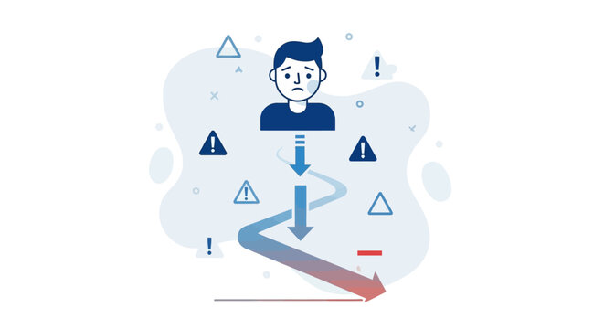 Man with worried face down arrow.