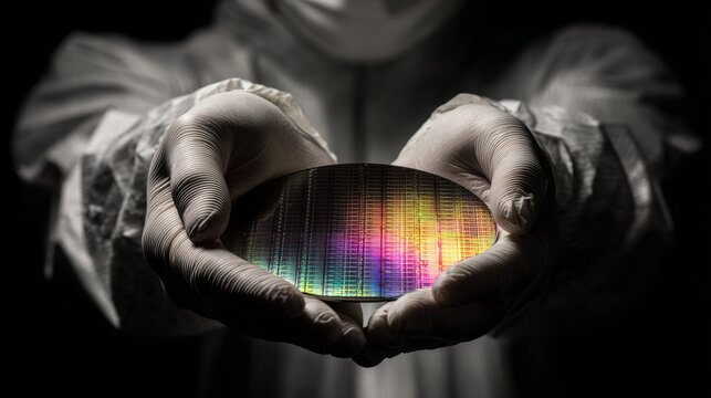 semiconductor engineer holding iridescent silicon wafer
