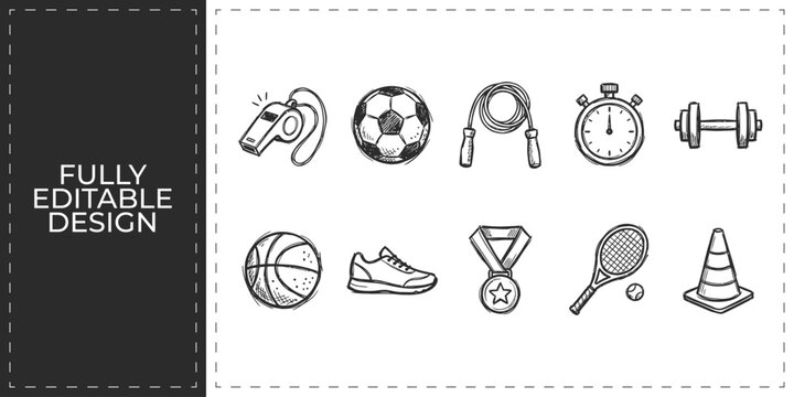 Sports and fitness equipment icons featuring soccer ball tennis racket and gym weights for health club and athletic competition training programs design