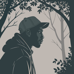 Profile portrait of a young man wearing a baseball cap and hoodie standing in a forest setting with portrait, silhouette © Akhi