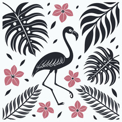 Tropical flamingo and exotic foliage graphic pattern with flamingo tropical silhouette botanical illustration © Akhi