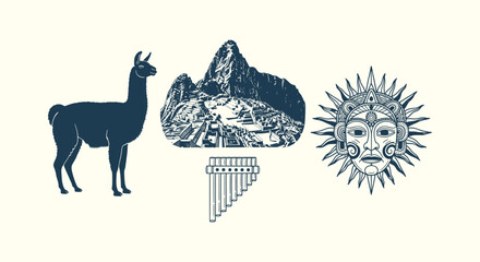 Peru Cultural Symbols Collection including Machu Picchu Llama Inca Sun Mask and Panpipes Vector © Tajul