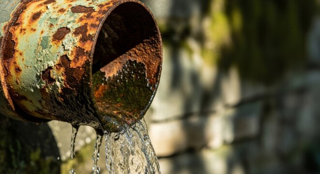 Rusty drainpipe water flow, urban texture and light, concept of decay and renewal