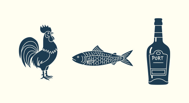 Traditional symbols of Portugal featuring a rooster sardine and bottle of port wine icons set.