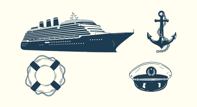Maritime Cruise Liner Set with Anchor Life Ring and Captain Cap in Retro Engraved Style Drawing