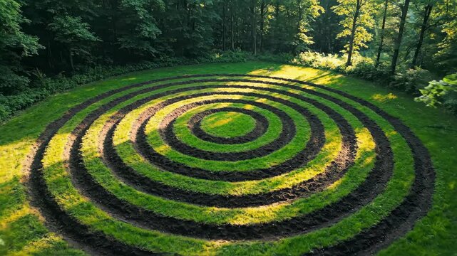 Circular grass labyrinth viewed from above in lush forest clearing for nature and landscape content