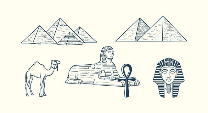 Vintage Hand Drawn Ancient Egypt Illustrations with Pyramids Sphinx Pharaon Mask Camel and Ankh