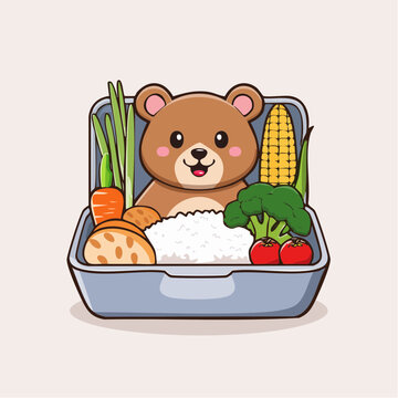 Cute Bear in a Lunchbox with Healthy Food