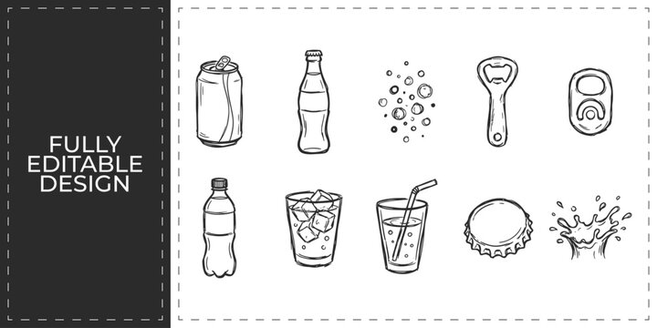 Soda and bottled drinks icons set featuring various beverage containers for restaurant hospitality and cafe menu branding identity design graphics set