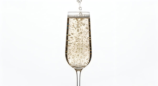 Sparkling champagne in glass flute isolated on white background with champagne sparkling beverage
