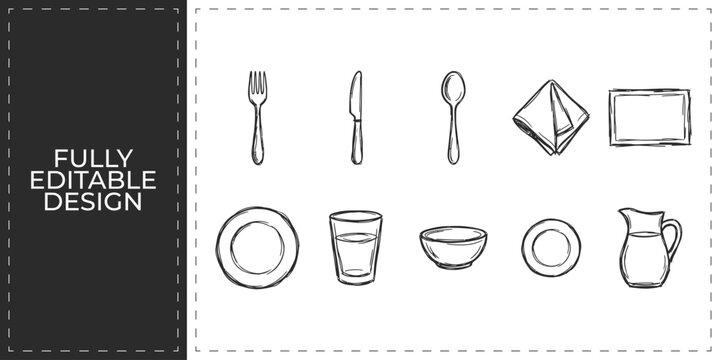 Restaurant cutlery and table setting icons featuring plates forks spoons and knives for formal dinner hospitality and hotel catering services design set