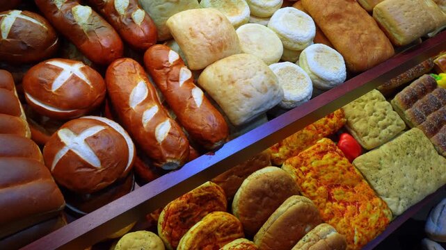 Artisan breads and savory pastries displayed on bakery shelves. A high angle view showing pretzel buns, dusted rolls, and tomato cheese flatbreads arranged in a market stall.