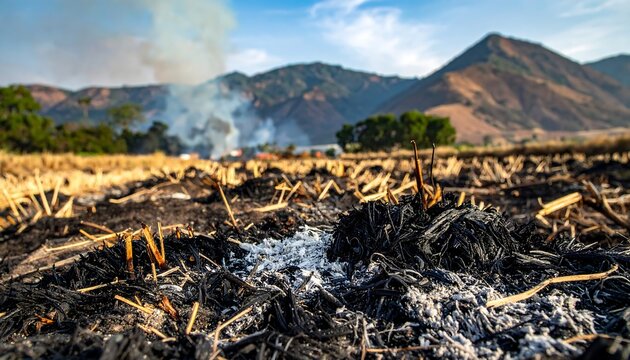 A burned field with smoldering ashes and charred remains of crops in the foreground, with distant mountains under a blue sky with wispy clouds