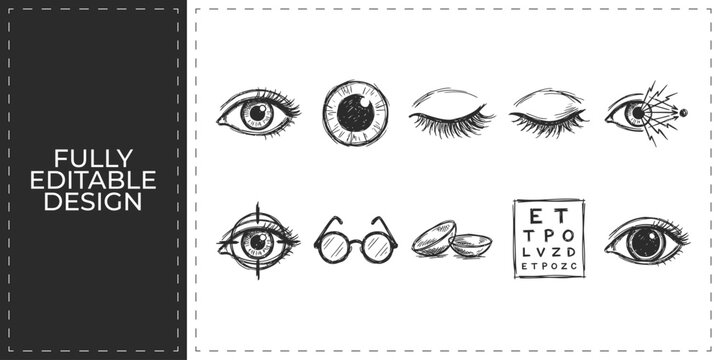 Human eye and optics icons set featuring eyelashes glasses and eye exam charts for professional optometry clinic and healthcare services design graphics