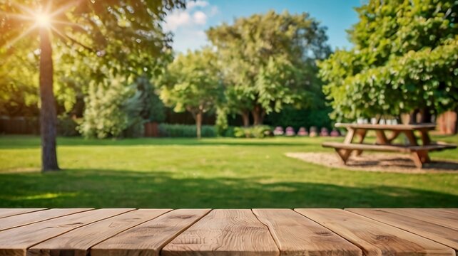 Empty wooden table in summer background with the blurred green garden and picnic or BBQ in the background  created with generative ai